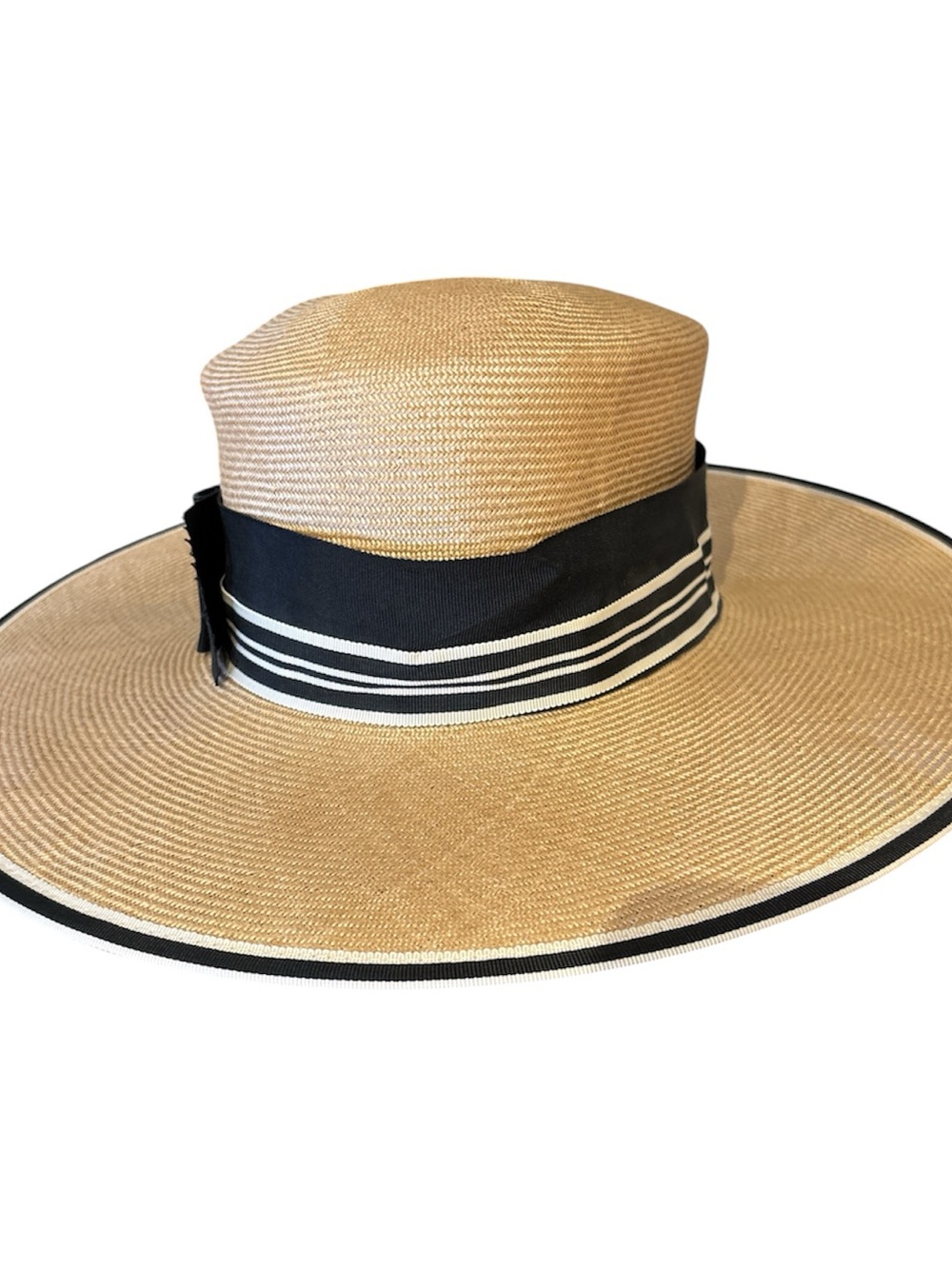 Tan Straw Sun Hat with Black & White Striped Band